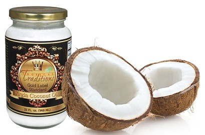 Photo of virgin coconut oil and cracked coconut