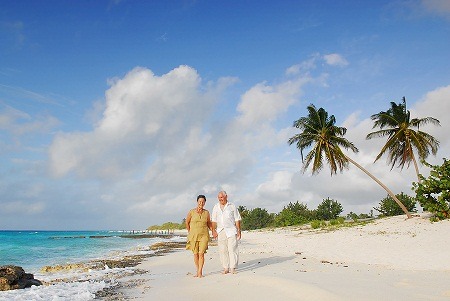 Senior couple walking on beach with coconut palm tree