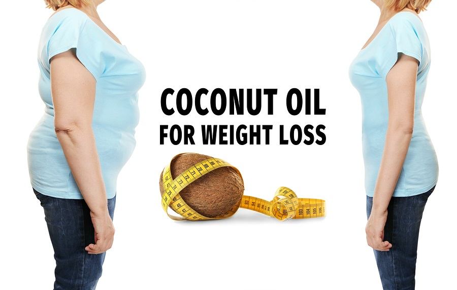 Mature woman's body before and after weightloss on white background. Coconut oil benefits